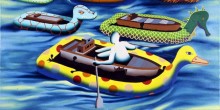 MARK KOSTABI : TANKER TOYS, 1990, 46 x 91 cm, oil on canvas